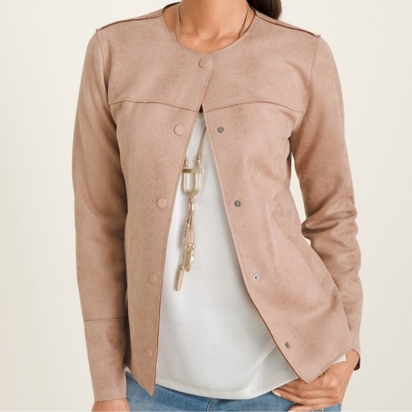 Chico’s Faux Suede Scuba Jacket L 12/14 Snakeskin Snap Front Boho Desert Tan - Picture 1 of 11